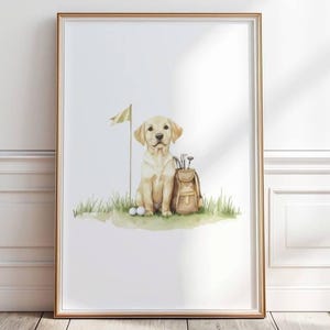 Labrador Retriever golf print, Yellow Labrador art, Golf nursery Art, Puppy dog playing golf, Watercolor sport print, Digital Download, P435