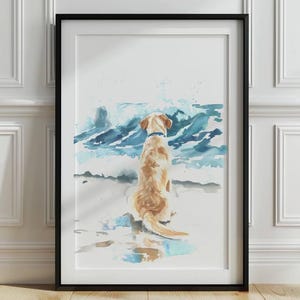 May include: Watercolor painting of a golden retriever dog sitting on a beach, looking out at the ocean waves.