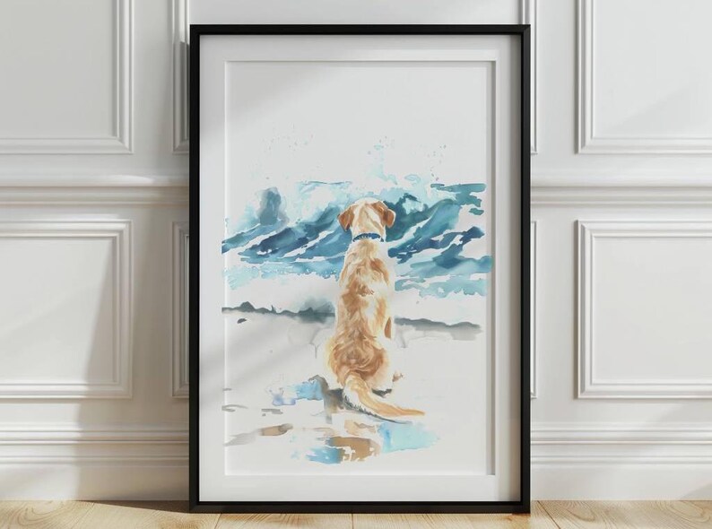 May include: Watercolor painting of a golden retriever dog sitting on a beach, looking out at the ocean waves.