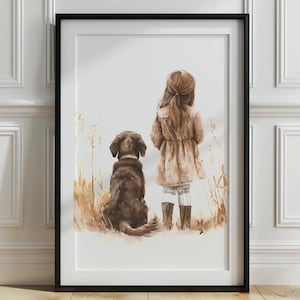 Schokoladen Labrador Retriever Kinderzimmer Druck, Mädchen und Hund Druck, Welpe Aquarell Wandkunst, Hund Kinderzimmer Wandkunst, Mädchenzimmer Dekor, bedruckbar