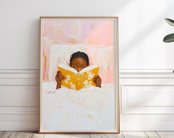 Little Black Girl leest boek schilderij, Afro-Amerikaans meisje leest print, Book Lover Wall Art, Little Dark Skin Girl print digitaal, P#93