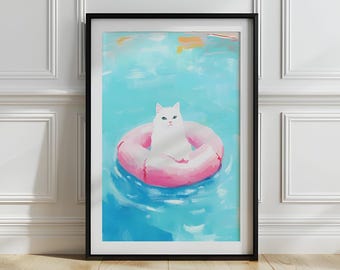 Funny Cat Pool Art Print: Whimsical Summer Wall Decor (Digital Download)