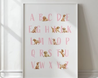 Labrador alfabet print, golden retriever alfabet print, hond alfabet kinderkamer print, puppy ABC poster, kunst aan de muur kinderkamer hond, hond ABC poster