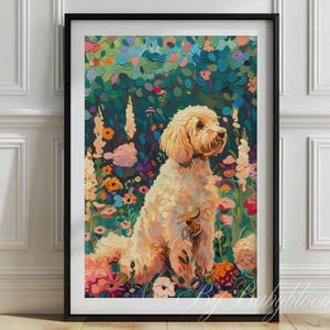 Goldendoodle Floral Print, Botanical Golendoodle Art, Goldenddoodle Nursery Decor, Colorful Floral Dog Portrait, Doodle Dog Wildflowers,P675