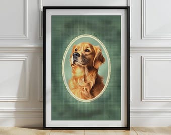 Golden Retriever Nursery Print: Green Plaid Dog Portrait (Digital Download