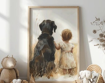 Labrador Retriver nursery print, Girl and Dog  print, Dog nursery wall art, Kid room decor, Watercolor labrador, Black Labrador, Download