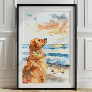 Golden Retriever on the beach print, Red Golden wall art, Gift for Dog Lovers, Watercolor Golden Retriever on beach, Digital Download