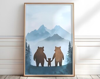 Bear Family Nursery Art Print: Woodland Animals, Mountain Scene (Digital Download)