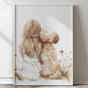 May include: Watercolor painting of a girl with long blonde hair and a white dress sitting next to a brown and white dog. The painting is set against a background of green grass and wildflowers.