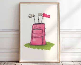Pink Golf Nursery Art, Pink Golf Bag nursery print, Watercolor Golf Print, Printable golf dorm poster, Pink Golf Decor, Golf Lover Gift,P517