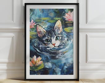Mystical Cat Art Print: Waterlilies, Lily Pond (Digital Download)