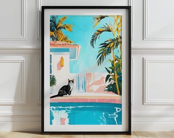 Retro Cat Pool Print: Mid Century Modern Summer Vibes (Digital Download)