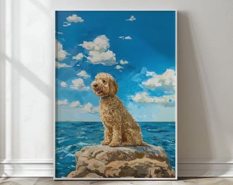 May include: A golden brown dog with a blue collar sits on a rock overlooking a blue ocean with white waves. The sky is blue with white clouds.