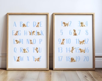 ABC-posterset Golden Retriever Puppy: kinderkamerkunst (digitale download)