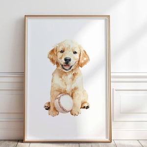 May include: Watercolour painting of a golden retriever puppy holding a baseball. The puppy is sitting and looking at the viewer. The background is white.
