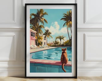 Retro Cat Pool Print: Mid Century Modern Summer Vibes (Digital Download)