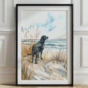 Black Labrador on the beach print, Labrador wall art, Gift for Dog Lovers, Watercolor Labrador at the ocean, Digital Download, Printable