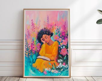 Zwarte vrouw leest boek Art Print, Afro-Amerikaans meisje kunst aan de muur, donkere huid meisje lezen print, boek kunst aan de muur, bibliotheek kunst aan de muur, P#137