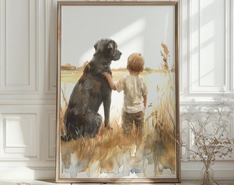 Labrador Retriever nursery print, Boy and Dog  print, Black Lababrador watercolor, Toddler room decor, Dog nursery wall art, Kids room decor