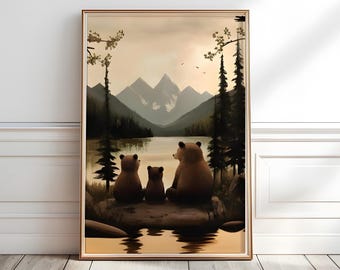 Bear Family Nursery Print: Woodland Animals Mountain Scene (Digital Download