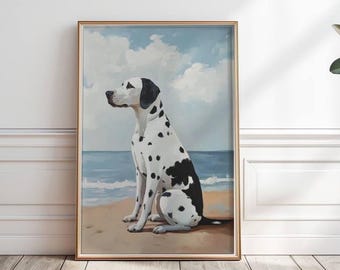 May include: A framed art print featuring a Dalmatian dog sitting on a sandy beach with the ocean and sky in the background. The dog is white with black spots and has a focused gaze. The artwork is in a gold-colored frame.