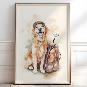 Golden Retriever golf print, Golden Retriever portrait, Vintage dog Golfing Wall Art, Watercolor golf print, Golden Retriever gift,P445