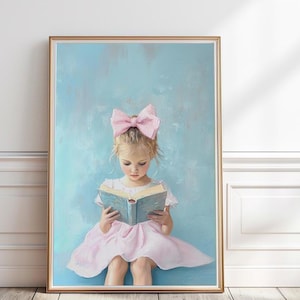 Little blonde girl reading book painting, Girl reading a book print, Book Lover Wall Art, Pastel Girly Reading Nook print,Library art ,P#156