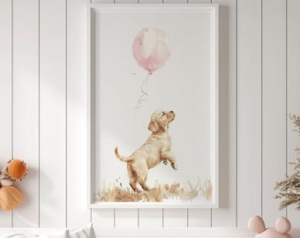 Labrador Retriever print, Puppy wall art, Dog nursery print, Girls Room Wall Art ,Puppy nursery decor, Labrador with Pink Balloon, Printabe