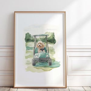 ゴールデンドゥードゥルのゴルフプリント、犬のプリント付きグリーンゴルフカート、ゴルフ保育園の壁アート、ゴルフをする犬の落書き、ゴールデンドゥードゥルのプリント、デジタル、P #47