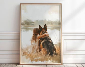 German Shepherd nursery print, Little Girl and German Shepherd painting, Girly Nursery Print, Dog nursery wall art, Shepherd lover gift,P385