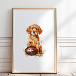 Red Golden Retriever Football Nursery Print, Puppy Playing Football, Sports nursery Print, Football Nursery Decor, Toddler Wall Art, P#202