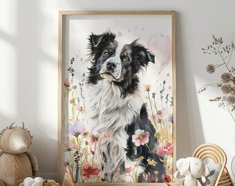 Väggkonst med border collie, hundbarnrumstryck, valpbarnrumsdekor, border collie-tryck, flickrum, söt barnrumskonst, utskrivbar konst