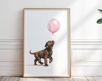 Chocolate Labrador Retriever with pink balloon print, Puppy wall art, Dog nursery print, Girl  Room Wall Art ,Puppy nursery decor, P#181