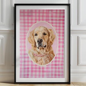 Golden Retriever Nursery Print For Baby Girl, Dog Pink Gingham Background Nursery Wall Art, Cottagecore Golden Retriever Nursery Decor, P827