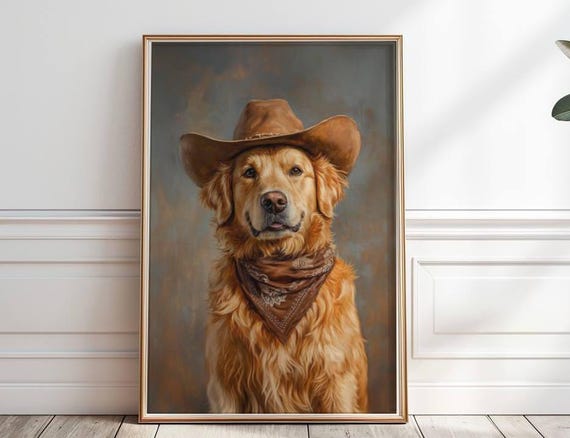 Golden Retriever Cowboy Hat Print, Golden Retriever Wall Art  display picture 2