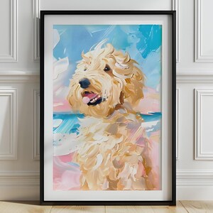 Goldendoodle Beach Wall Art, Pastel Goldendoodle Print, Goldendoodle Ocean View, Nursery Doodle Print, Dog Watching Sunset, Doodle gift,P657