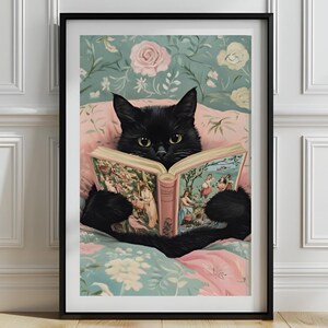 Katzen Lesebuch Druck, Katzenkinderzimmer Wandkunst, Schwarze Katze Wandkunst, Schwarze Katze Kunst für Buchliebhaber, Katzen Schlafzimmer Dekor, Katze mit Buch Druck,P773