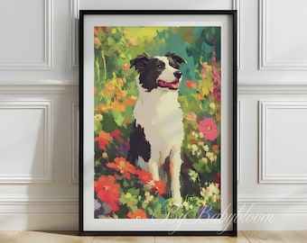 以下が含まれることがあります： 鮮やかな花咲く庭にいるボーダーコリー犬を描いた額入りのアートプリント。 黒と白の模様の犬が中心で、赤、ピンク、黄色の花に囲まれています。 アートワークは緑の葉の背景に設定されています。