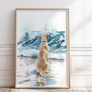 May include: A watercolor painting of a golden retriever dog sitting on a beach, looking out at the ocean waves. The dog is wearing a blue collar and the waves are crashing in the background.