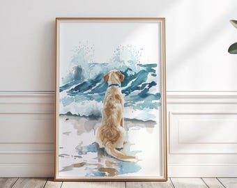Yellow Labrador on the beach print, Labrador wall art, Gift for Dog Lovers, Watercolor Labrador on beach, Digital Download, Printable, P #11