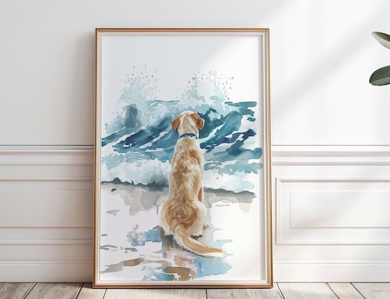 Yellow Labrador on the beach print, Labrador wall art, Gift for Dog Lovers, Watercolor Labrador on beach, Digital Download, Printable, P #11