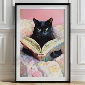 Schwarze Katze lesen Buchkunst: Cozy Cottagecore Kinderzimmer Druck (Digitaler Download