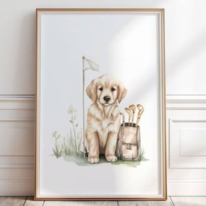 Golden Retriever golf print, Yellow Golden art, Golf nursery Art, Puppy dog playing golf, Watercolor golf print, Sport Digital Download,P439