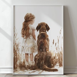Labrador Retrieverdruck, Mädchen und Hund Druck, Welpe Aquarell, Hundekinderzimmer wandkunst, Schokolade Labrador druckbare Aquarellkunst