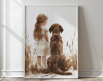 Stampa per cameretta di Labrador Retriever, stampa per bambina e cane, acquerello di cucciolo, arte murale per cameretta di cani, stampa ad acquerello di Labrador cioccolato