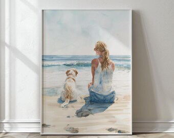 Yellow Labrador Beach Print: Girl and Dog Watercolor Art (Digital Download)