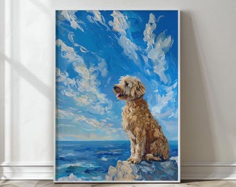 May include: A painting of a golden retriever dog sitting on a rocky cliff overlooking a blue ocean. The sky is a bright blue with white clouds.