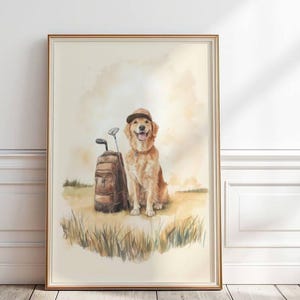 Golden Retriever golf print, Vintage dog Golfing Wall Art, Golden Retriever Playing Golf, Watercolor golf print, Golden Retriever gift,P#144