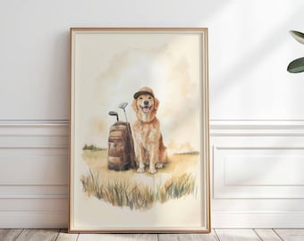 Golden Retriever golf print, Vintage dog Golfing Wall Art, Golden Retriever Playing Golf, Watercolor golf print, Golden Retriever gift,P#144