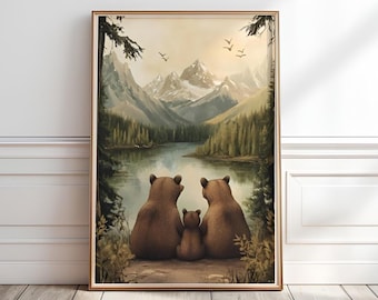 Bear Family Nursery Print: Woodland Animals Mountain Scene (Digital Download